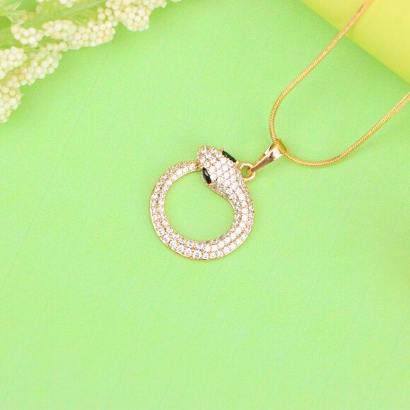 "Rose Gold Snake Circle Pendant with Sparkling CZ and Black Eyes, XPPT1529 - Picture 2 of 13